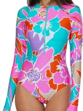 Trina Turk-Tropical Floral Long Sleeve One-Piece Swimsuit